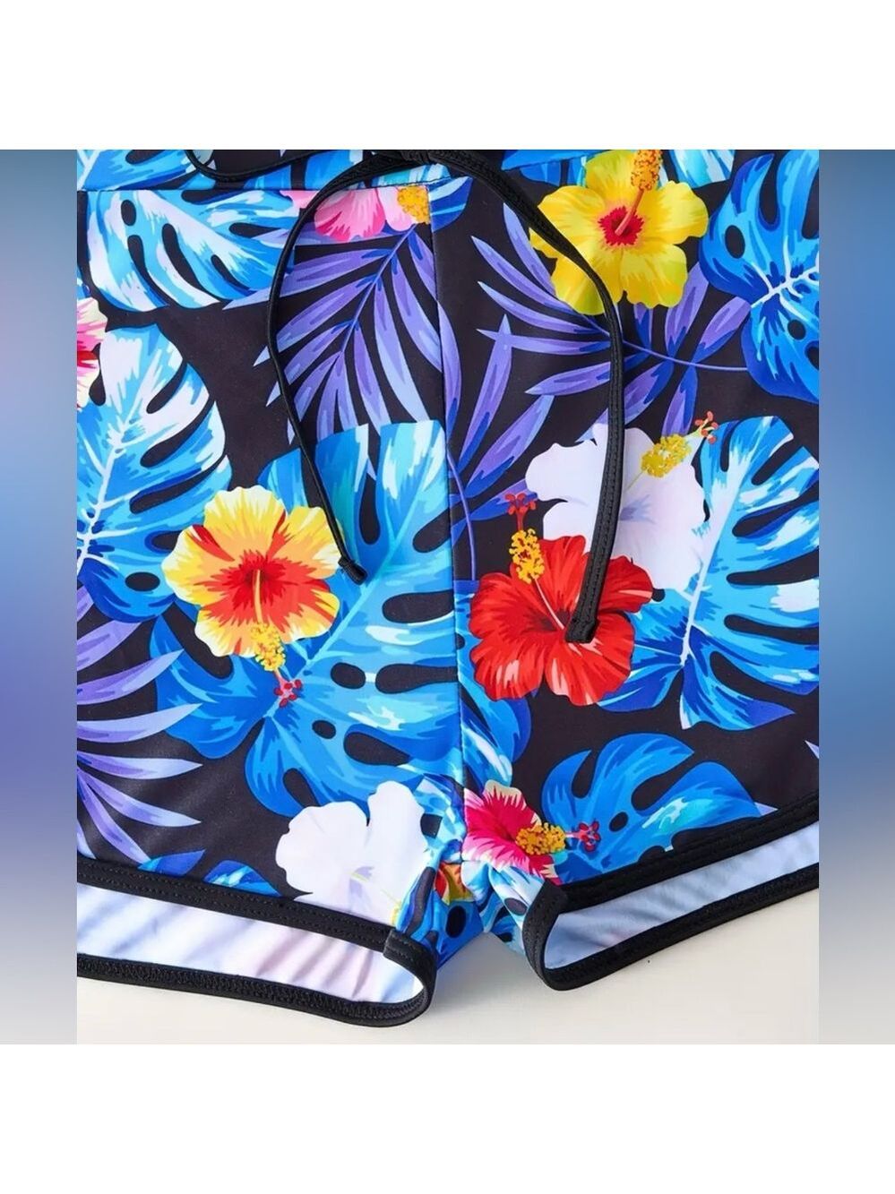 2pc Floral Tropical Print Long Sleeve Rash Guard Short Swim Set - Picture 5 of 8
